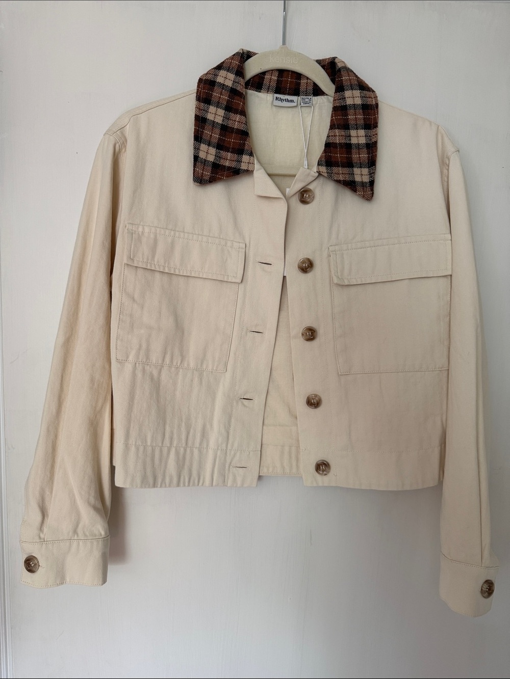 Rhythm. Cream Cropped Barn Jacket with Brown Plaid Collar